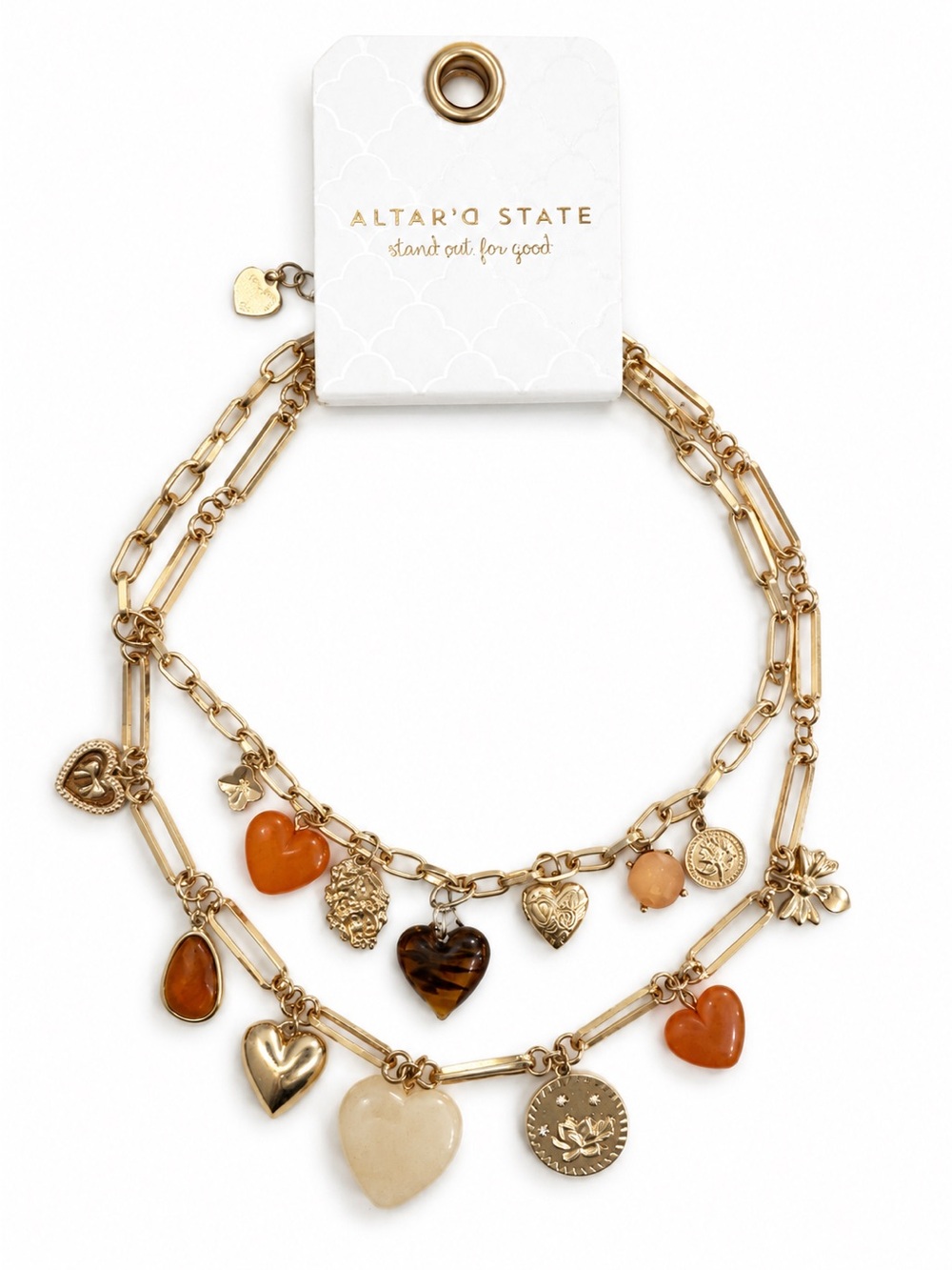 Altar'd State Gold Multi-Heart Charm Necklace in Orange and Cream